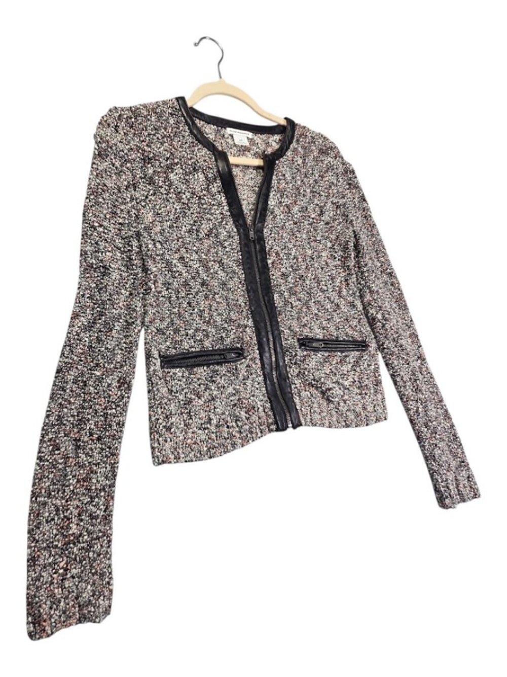 Club Monaco Womens Tweed Nubby Marled Jacket Blazer Leather Trim Full Zip Size S